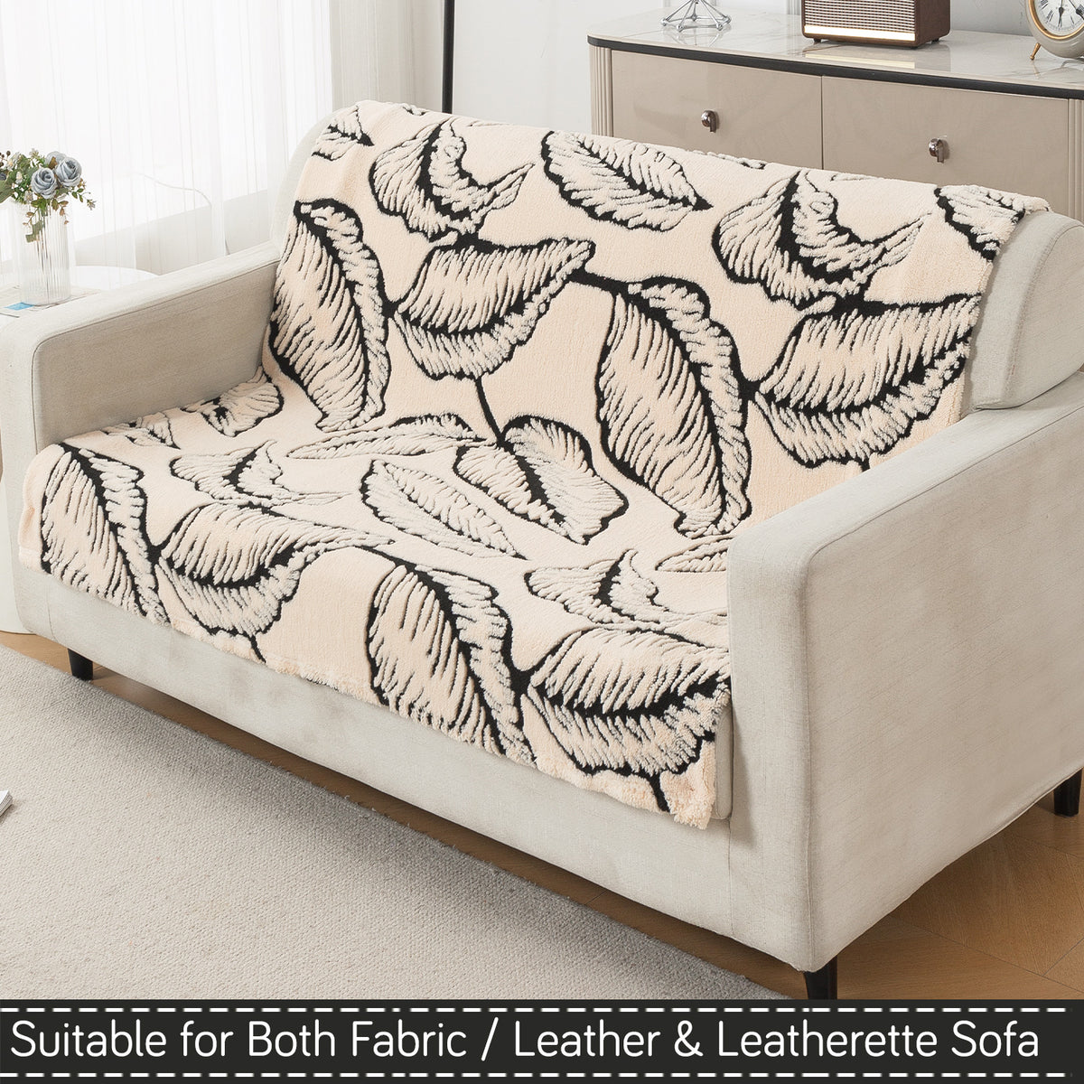 'Noirea Series' Plush Sofa Cover for Seat & Back, Botanical Leaf