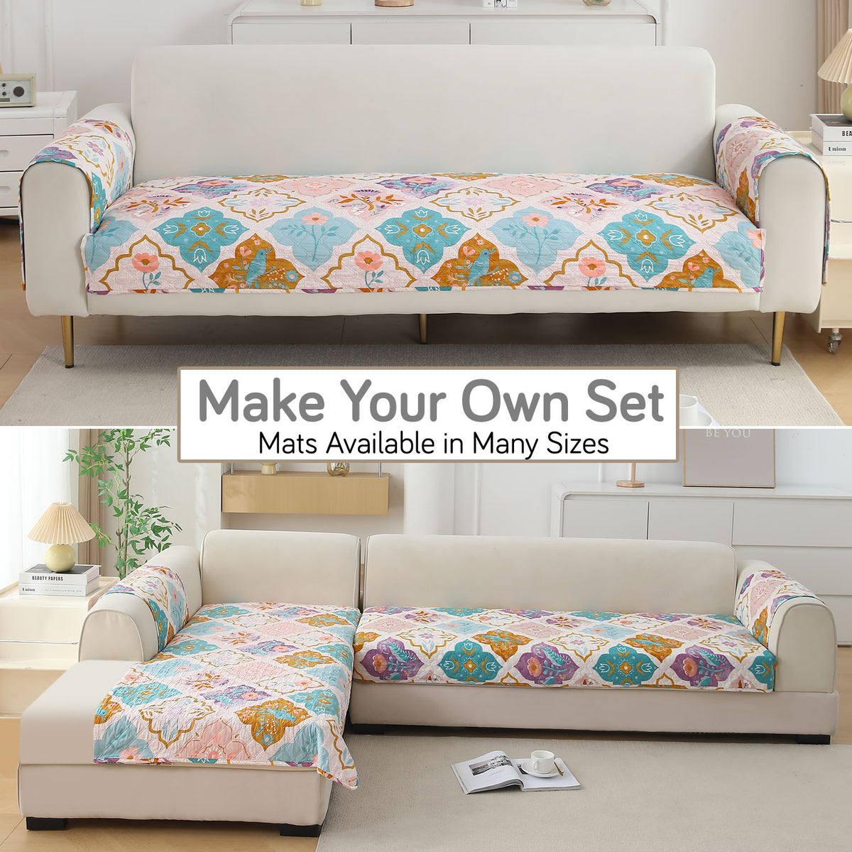 'Viva Casa' Polyester Printed Quilted Sofa Cover Mats, Quatrefoil Multicolor