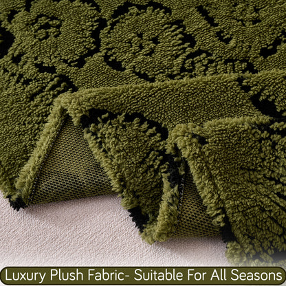 'Camellia Blossom Series' Luxury Plush Sofa Cover Throw, Forest Olive