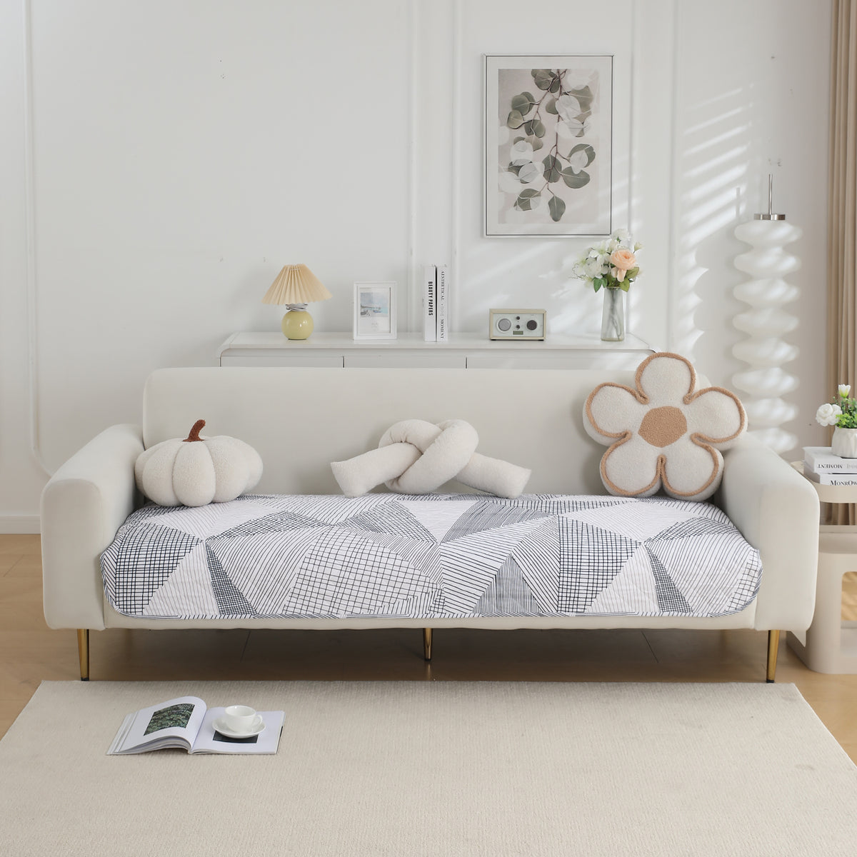 Water Repellent + Waterproof Quilted Sofa Mats, Snow White Black Geometry