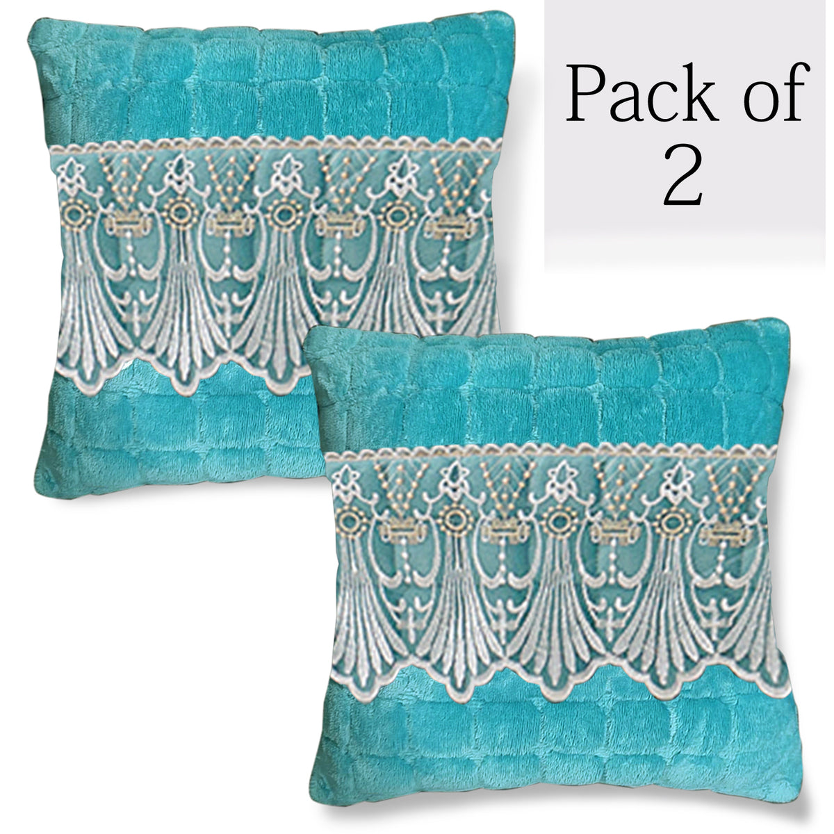 Premium Milk Velvet Sofa Cushion Cover with Lace Design, Teal