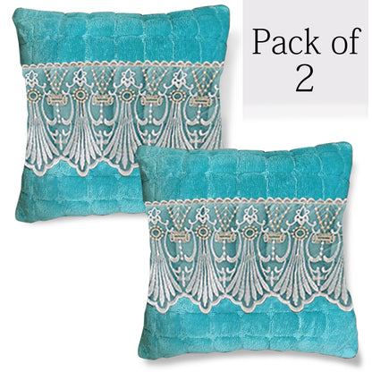 Premium Milk Velvet Sofa Cushion Cover with Lace Design, Teal