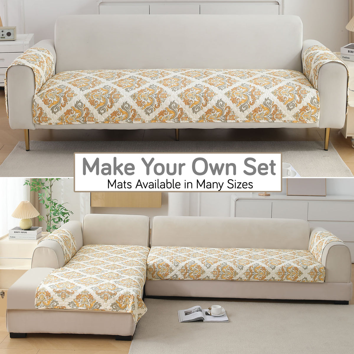 'Viva Casa' Polyester Printed Quilted Sofa Cover Mats, Damask Beige