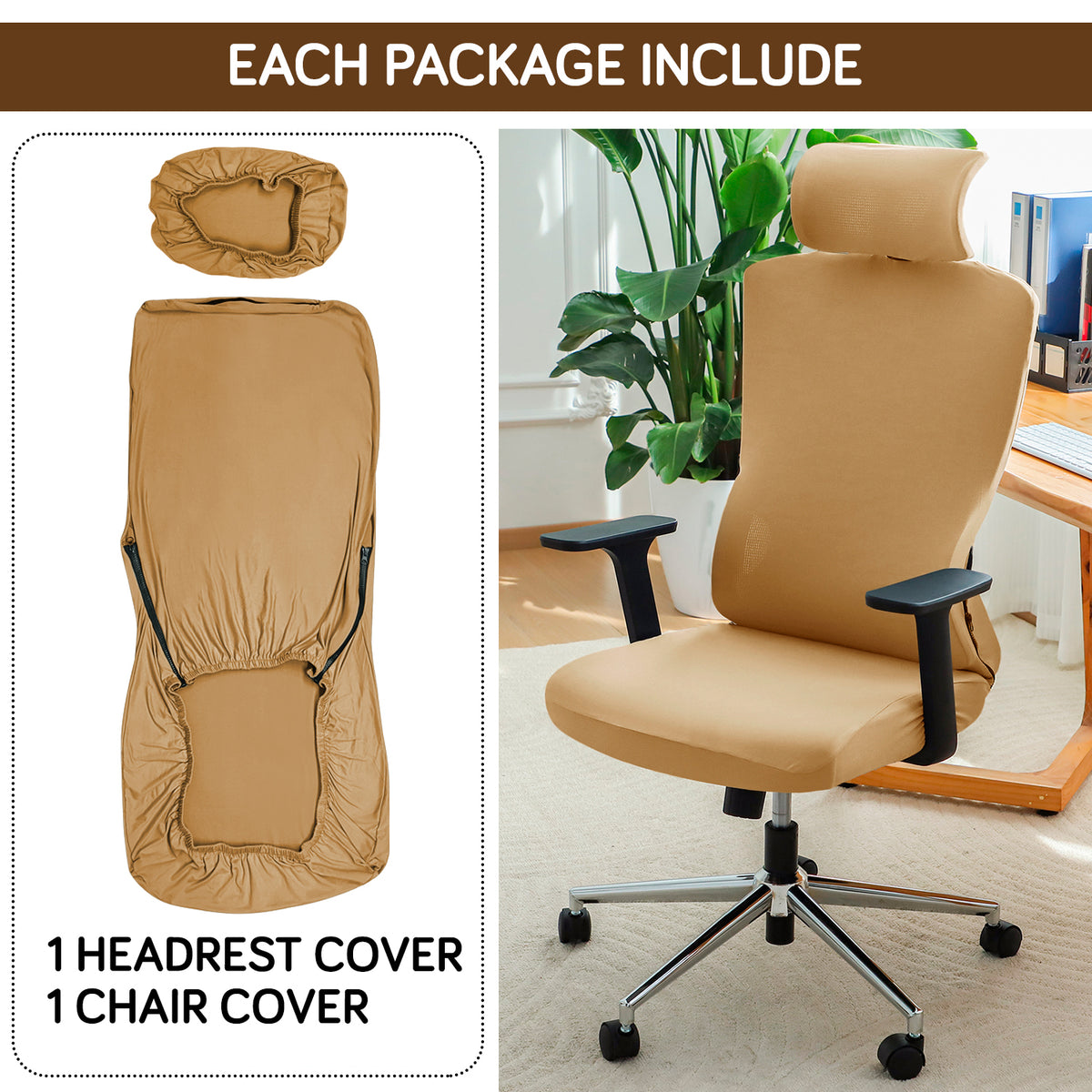 Office Chair Cover with Headrest (High-Back) – 140 GSM Stretch Fabric – Washable, Anti-Slip Fit for Ergonomic Mesh Office Chairs, Camel