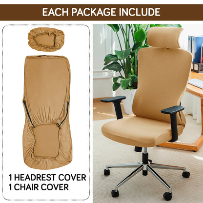 Office Chair Cover with Headrest (High-Back) – 140 GSM Stretch Fabric – Washable, Anti-Slip Fit for Ergonomic Mesh Office Chairs, Camel