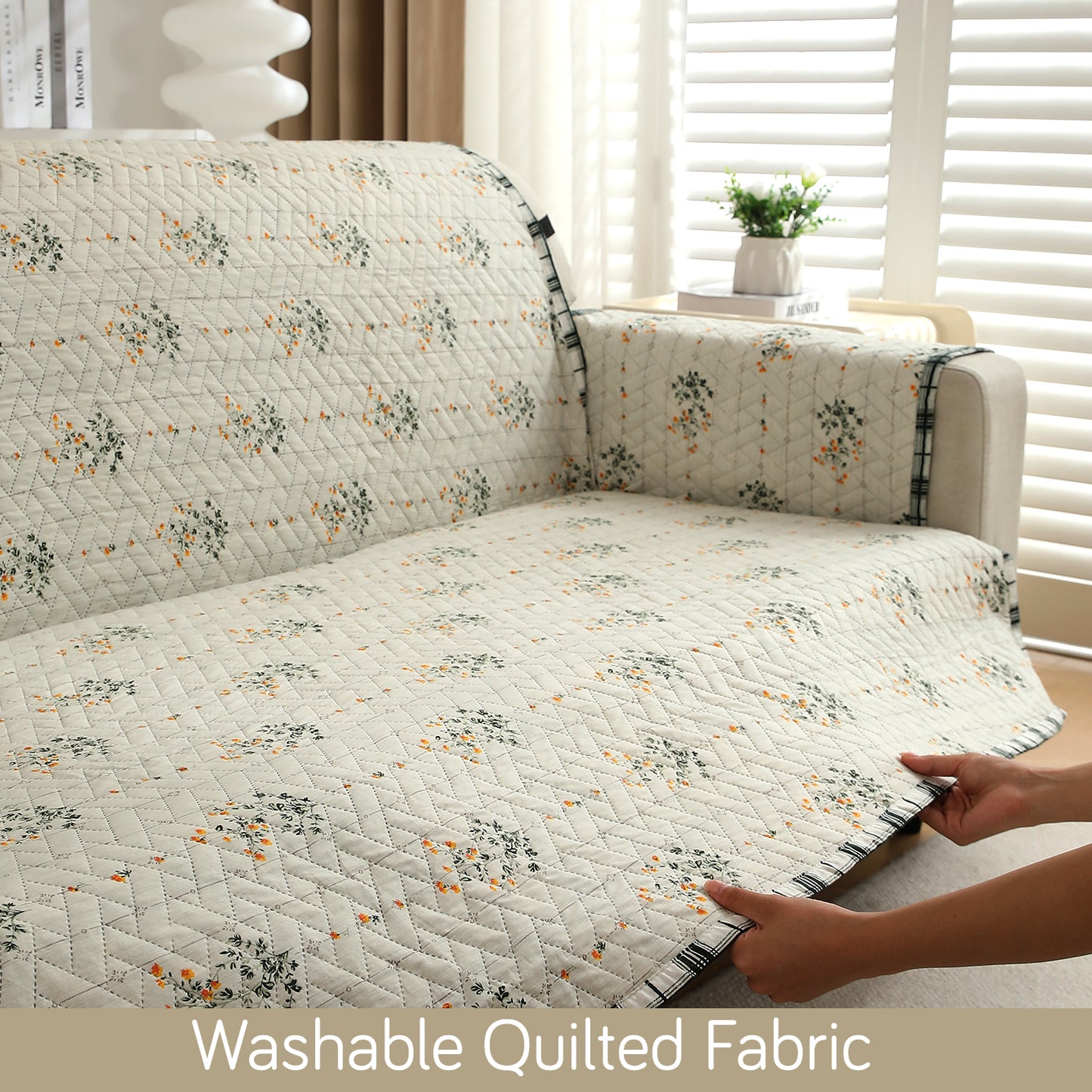 HomeHues Series Quilted Sofa Cover with Secure Fit Belt for L Shape sofa, Light Green Ash Gypsy Flower