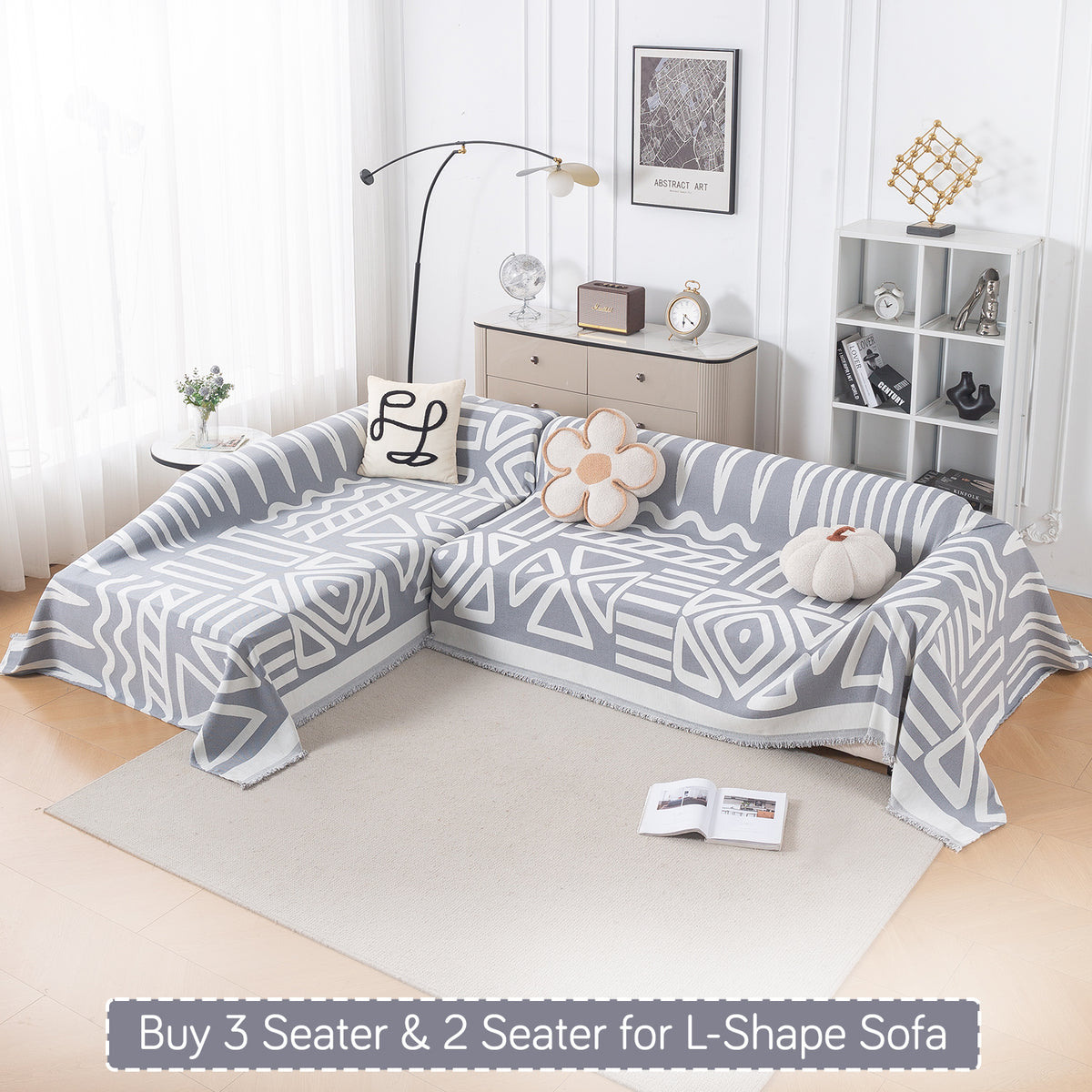 Buy Grey Colour Urban Tribe Chenille 3 Seater & 2 Seater for L-Shape Sofa Throw | HOKIPO