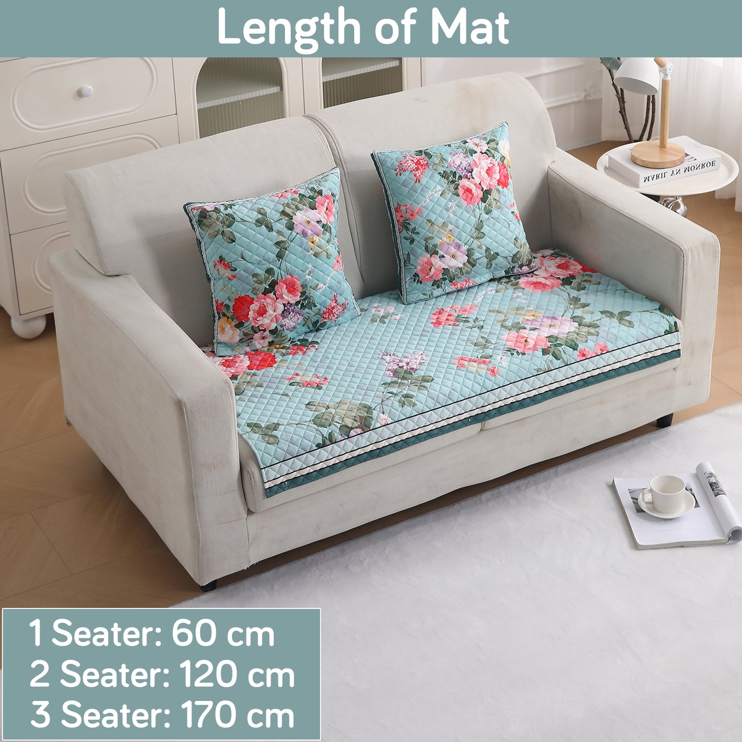 LiefNest Printed Holland Velvet Sofa Mat with Foam Filling - Fresh Floral Pastel Blue for 1/2/3 Seater & Armrest