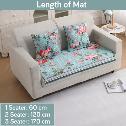 LiefNest Printed Holland Velvet Sofa Mat with Foam Filling - Fresh Floral Pastel Blue for 1/2/3 Seater & Armrest