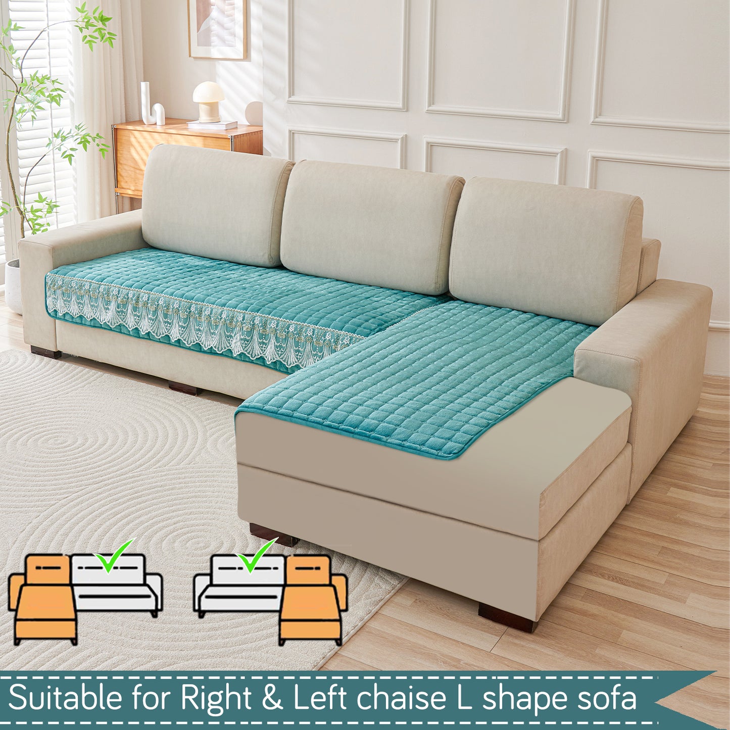 BelleLace Series Imperial Milk Velvet L Shape Sofa Cover Mat with Lace Design - Teal