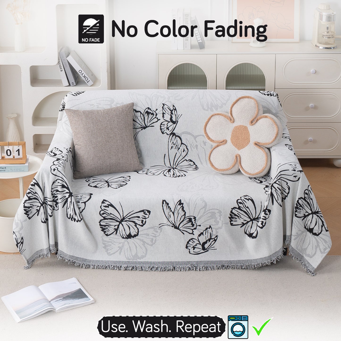 Premium 320 GSM Chenille Sofa Cover Throw All Season 'Serene Abode Series', Monochrome Butterfly