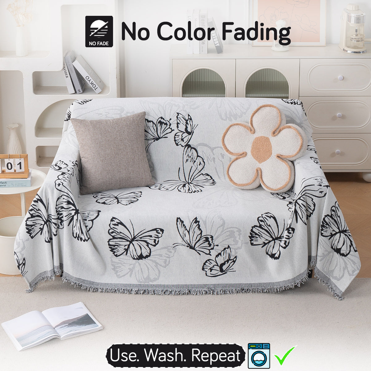 Buy Monochrome Butterfly Serene Abode Chenille 2 Seater Sofa Throw | HOKIPO