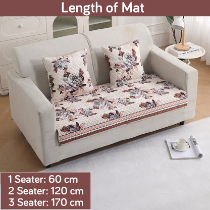 LiefNest Printed Holland Velvet Sofa Mat with Foam Filling - Chrysanthemum Bloom Soft Beige for 1/2/3 Seater & Armrest