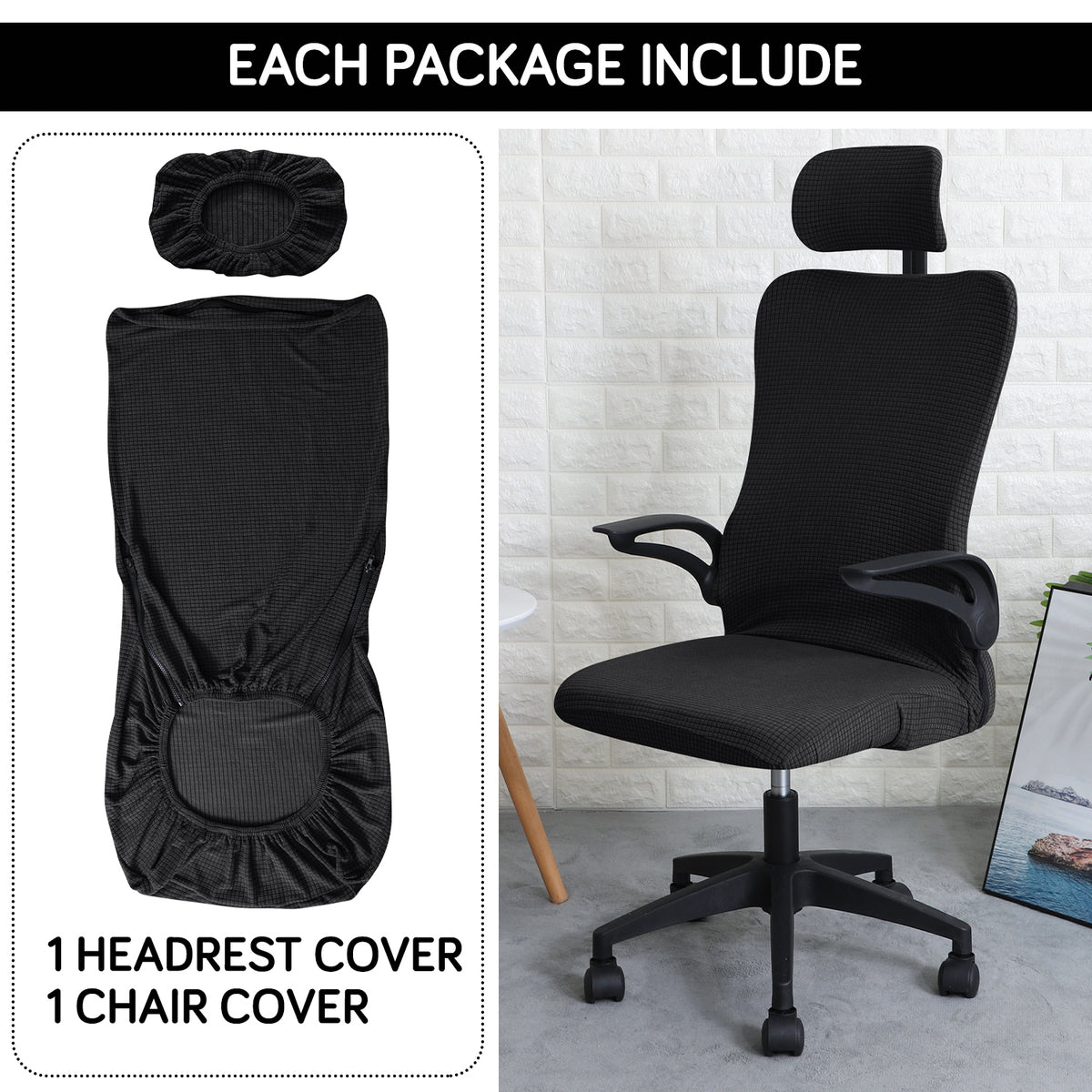 Water Repellent Office Chair Cover with Headrest (High-Back) – 210 GSM Stretch Jacquard – Washable, Anti-Slip Fit for Ergonomic Mesh Office Chairs, Black