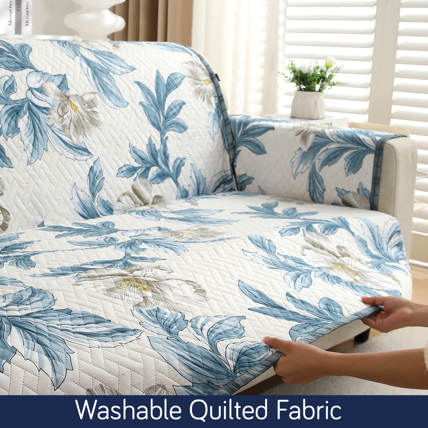HomeHues Series Quilted Sofa Cover with Secure Fit Belt for L Shape sofa, Celadon Blue Camellia