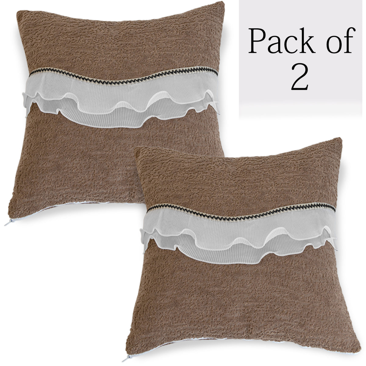 French Classic Frill Sofa Cushion Cover with Elegant Wavy Lace Design - Mocha Luxe Brown