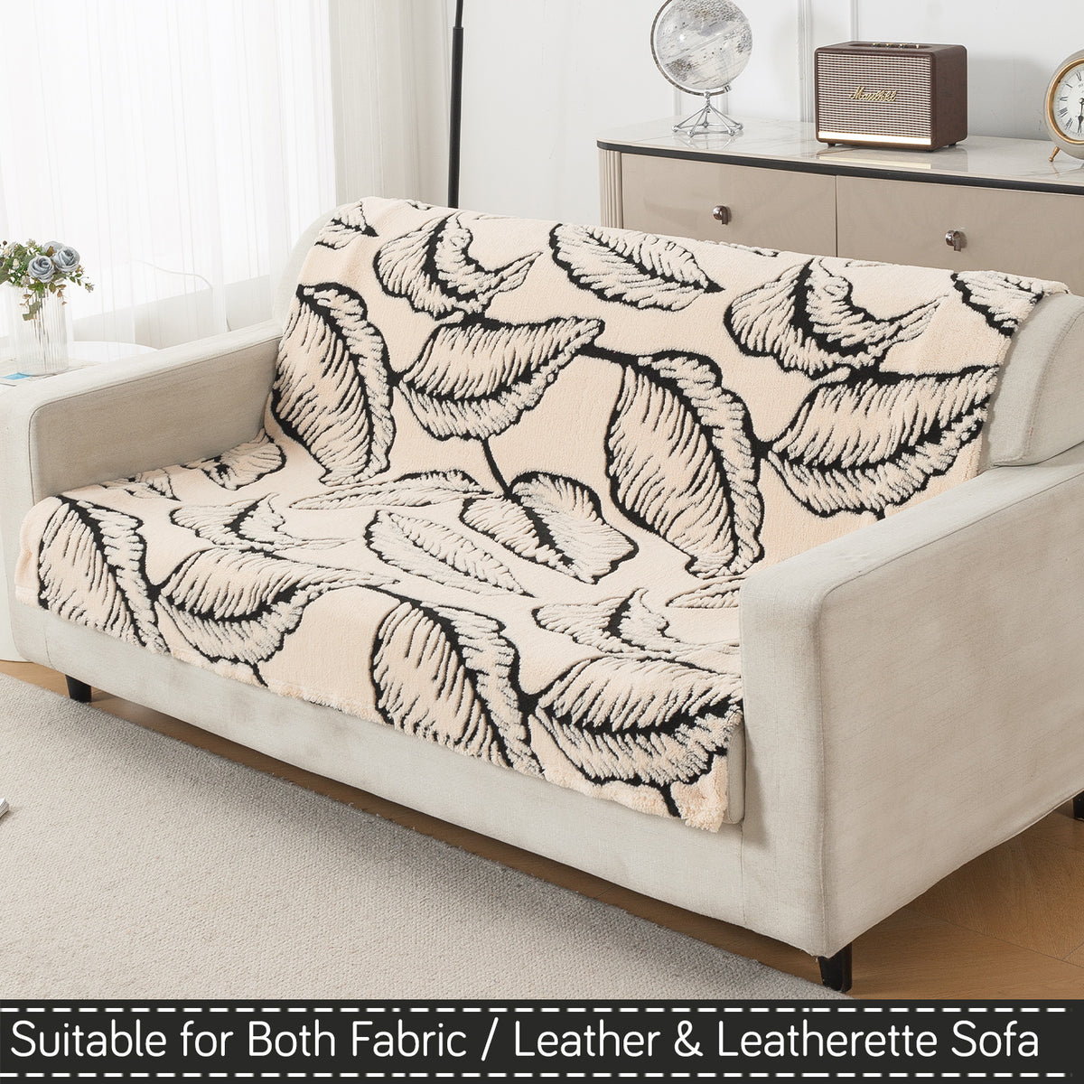 'Noirea Series' Plush Sofa Cover for Seat & Back, Botanical Leaf