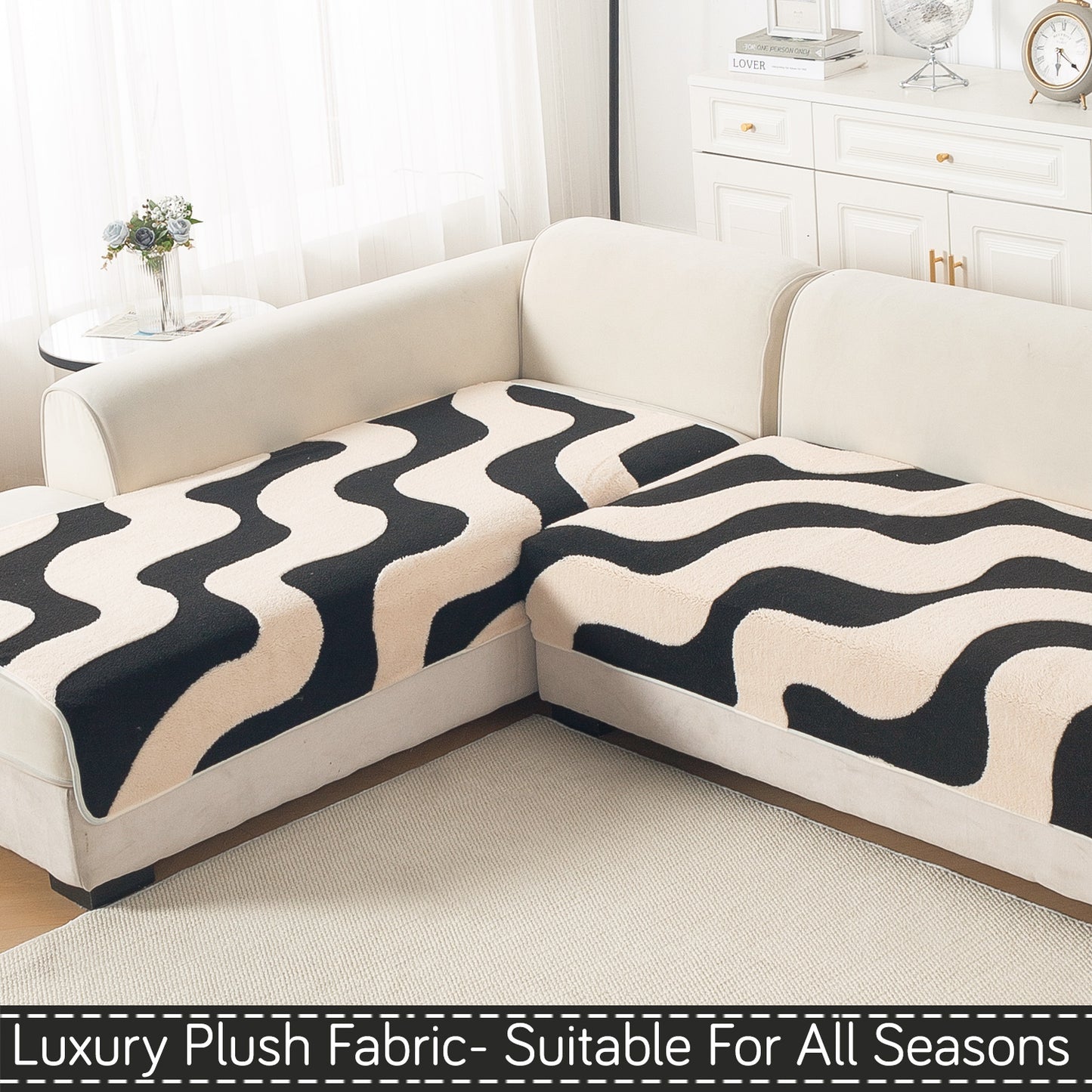 Luxury Plush Sherpa Anti Slip L Shape & Combination Sofa Mat, 'Noirea Series'|Wavy Stripe