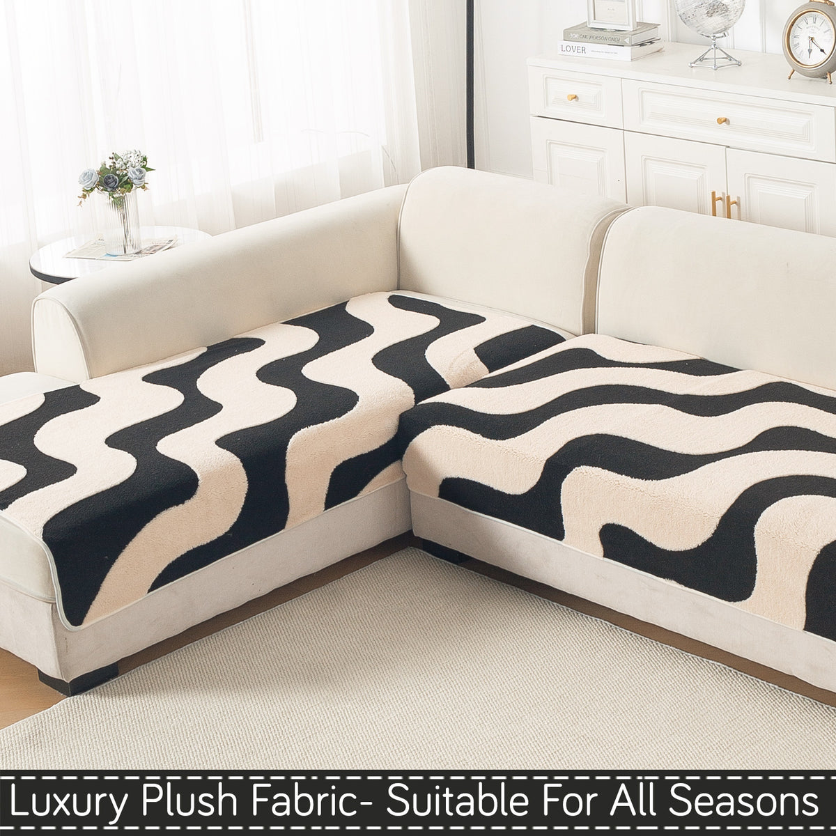 Luxury Plush Sherpa Anti Slip Combination Sofa Mat, 'Noirea Series'|Wavy Stripe