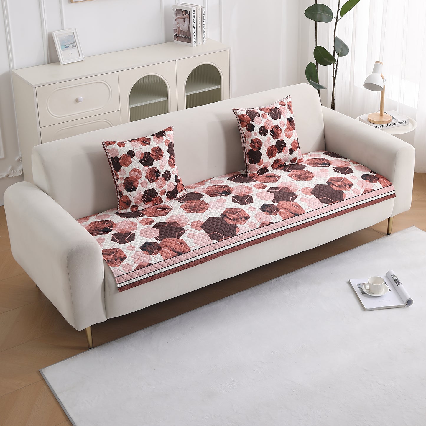 LiefNest Printed Holland Velvet Sofa Mat with Foam Filling - Geometric Hexagon Cider Red for 1/2/3 Seater & Armrest