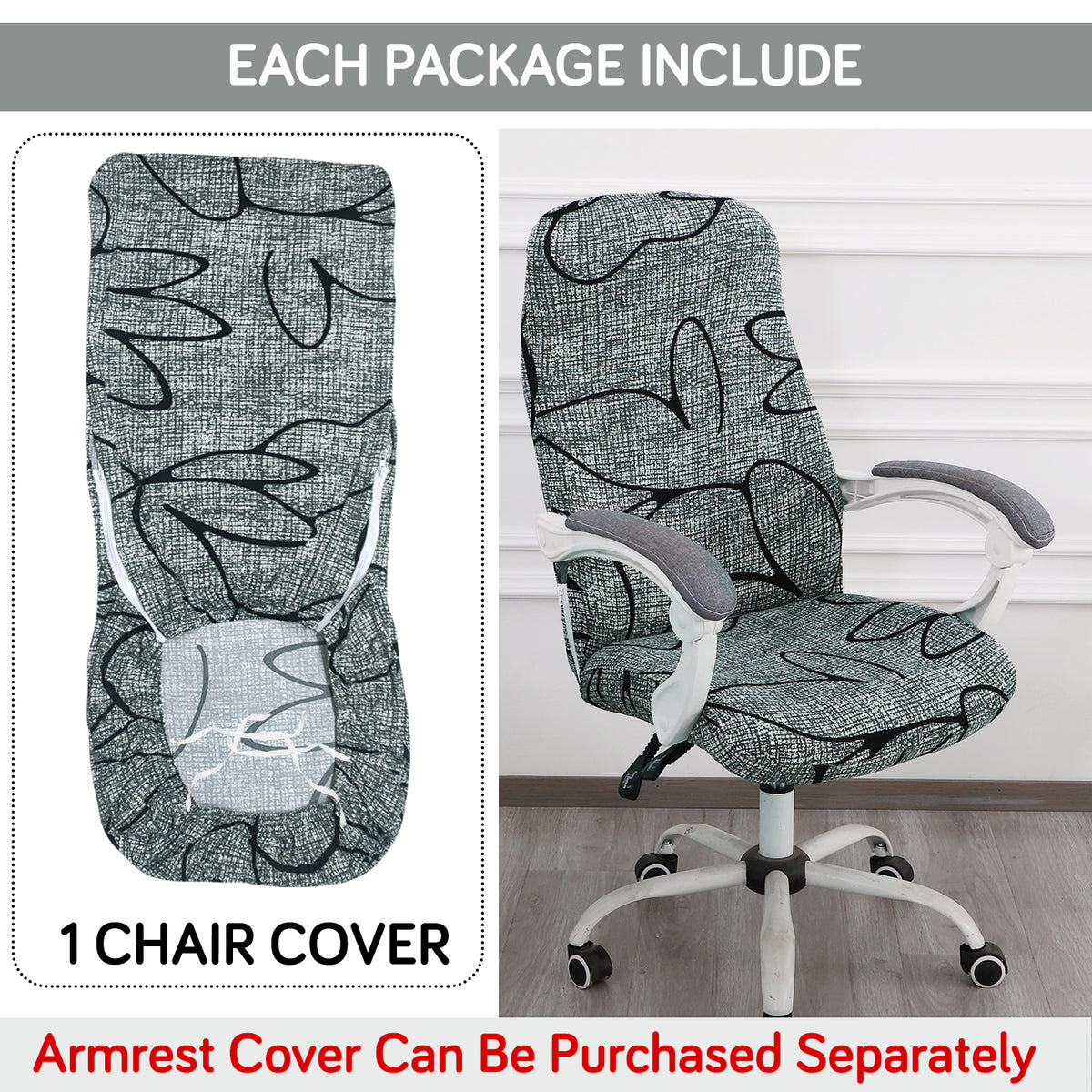 Printed Office Chair Cover for Desk Chair (Mid-Back) – 140 GSM Stretch Fabric – Washable & Anti-Slip – Fits Mid-Back Office Chairs, Intense Grey Abstract Floral - Medium