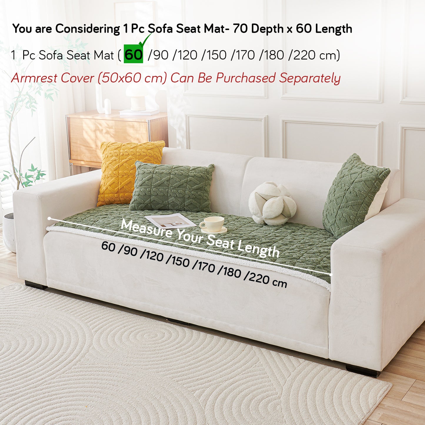 'Italian Caelora' Luxury Jacquard Plush Sofa Cover Mat and Anti-Slip Armrest Covers - Sage Green