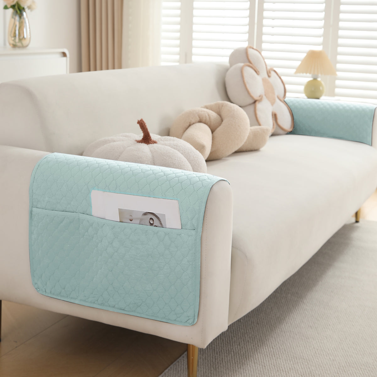 2 Pcs Quilted Sofa Armrest Cover, Light Sky Blue