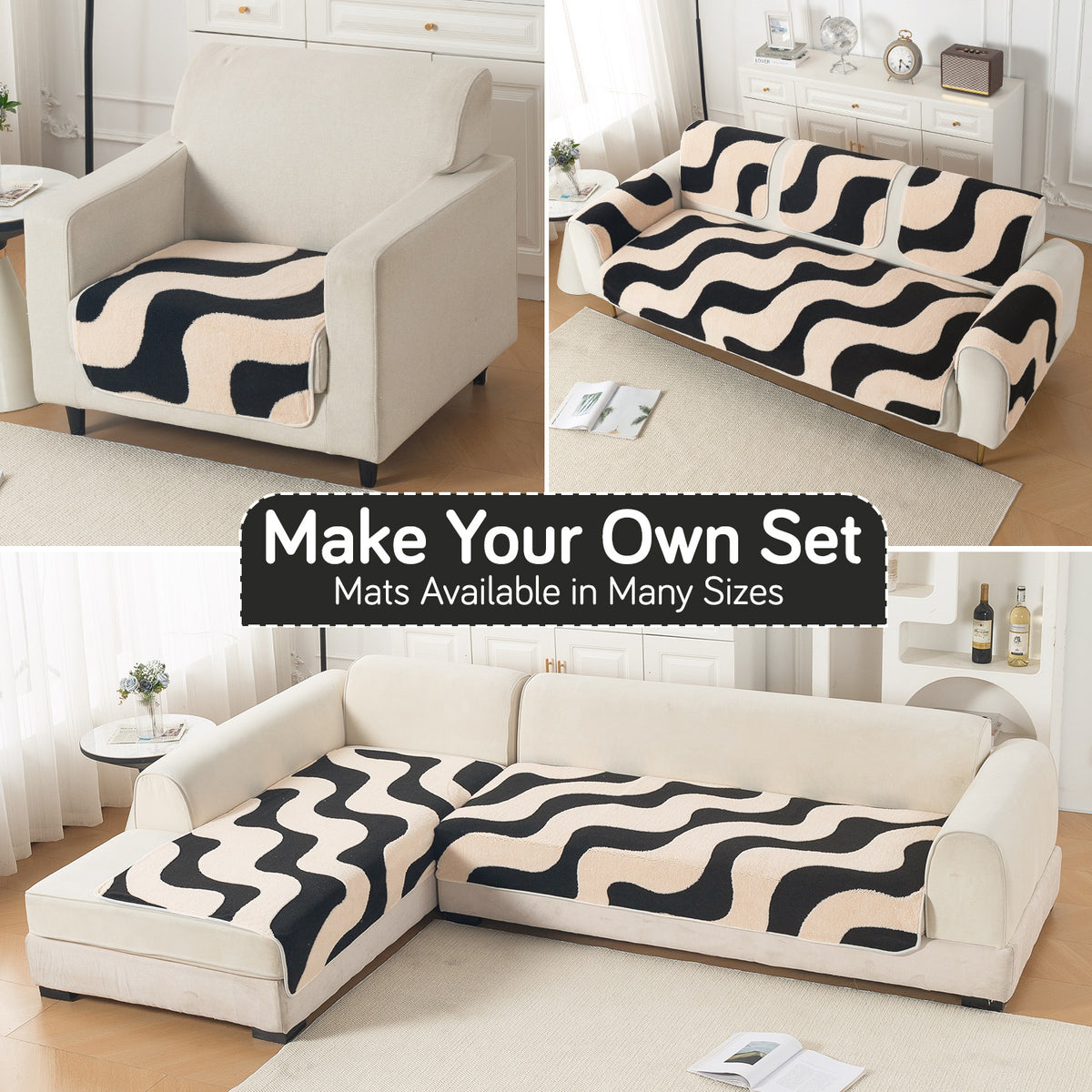 Luxury Plush Sherpa Anti-Slip Sofa Cover Mat, 'Noirea Series'| Wavy Stripe