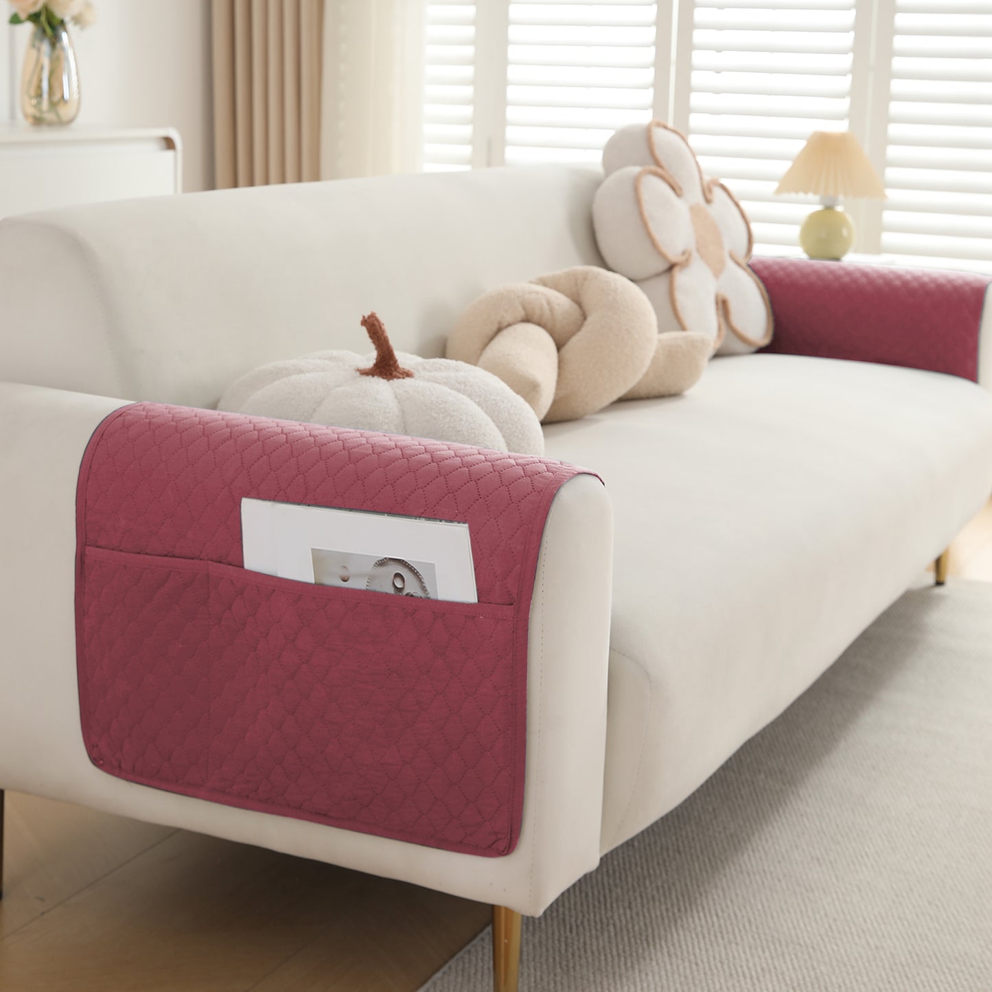 HOKIPO 2 Pcs Quilted Sofa Armrest Cover, Mauve Pink
