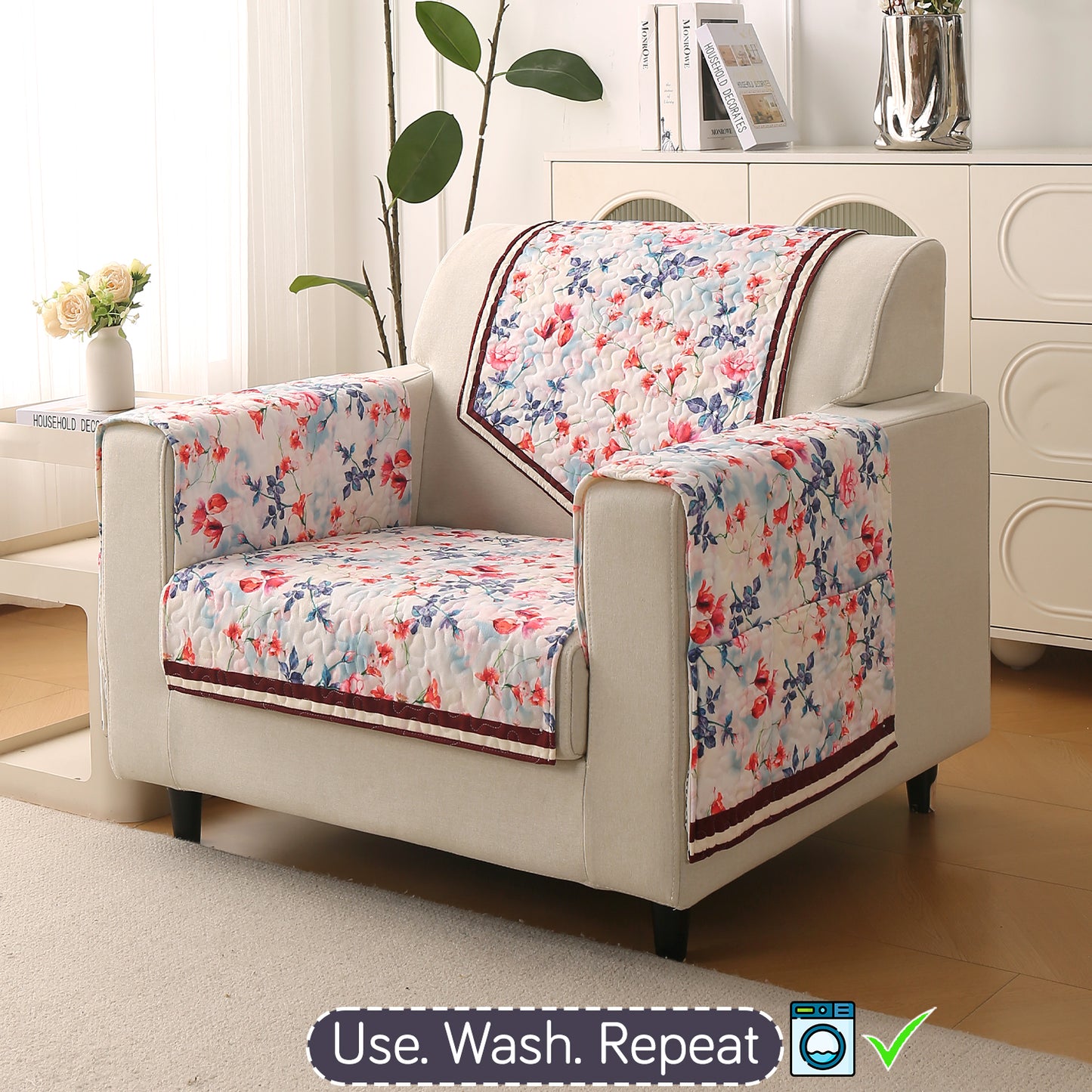 Florentina Series Printed Holland Velvet Sofa Mat - Scarlet Rose Ivory