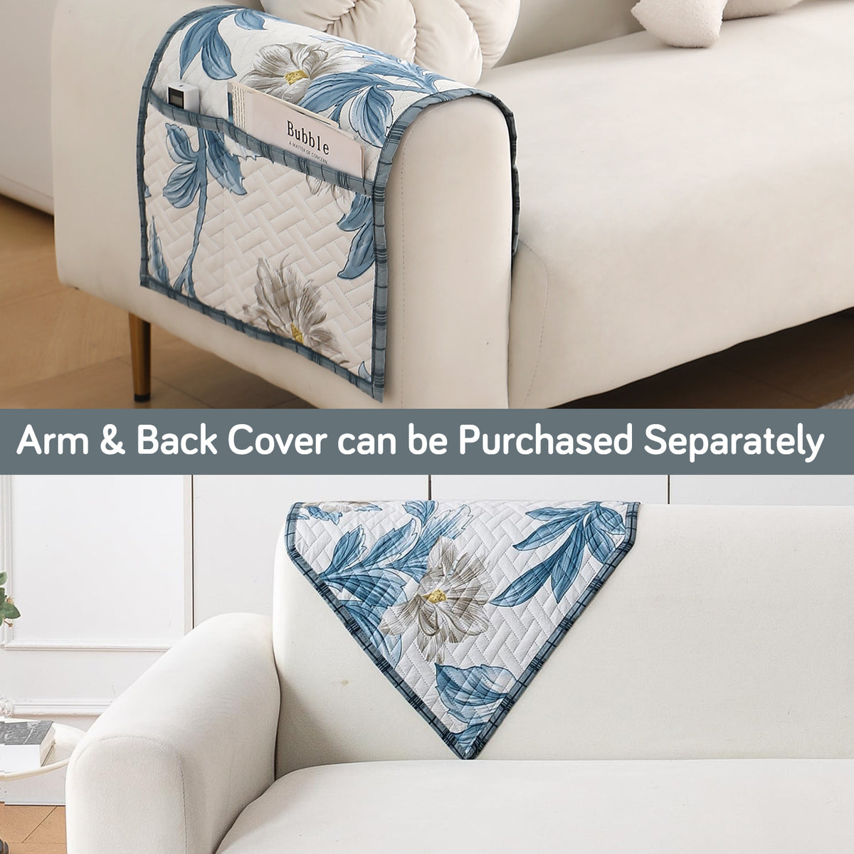 'Homehues' Printed Quilted Sofa Cover Mats, Celadon Blue Camellia