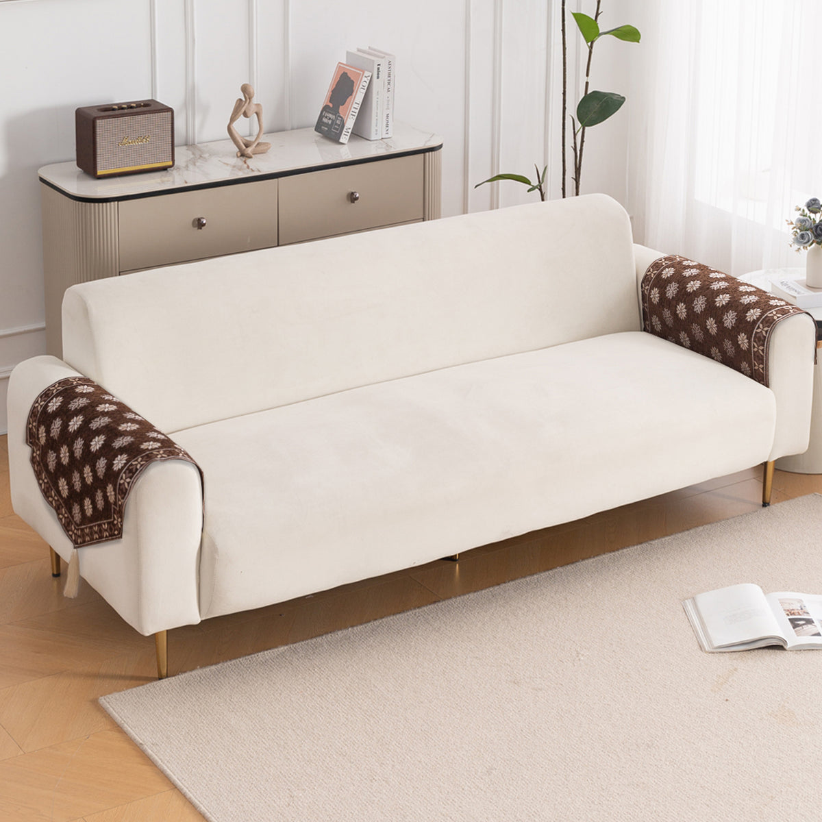 Heritage Weave Premium Jacquard Sofa Cover Set with Tassels - Coffee Brown