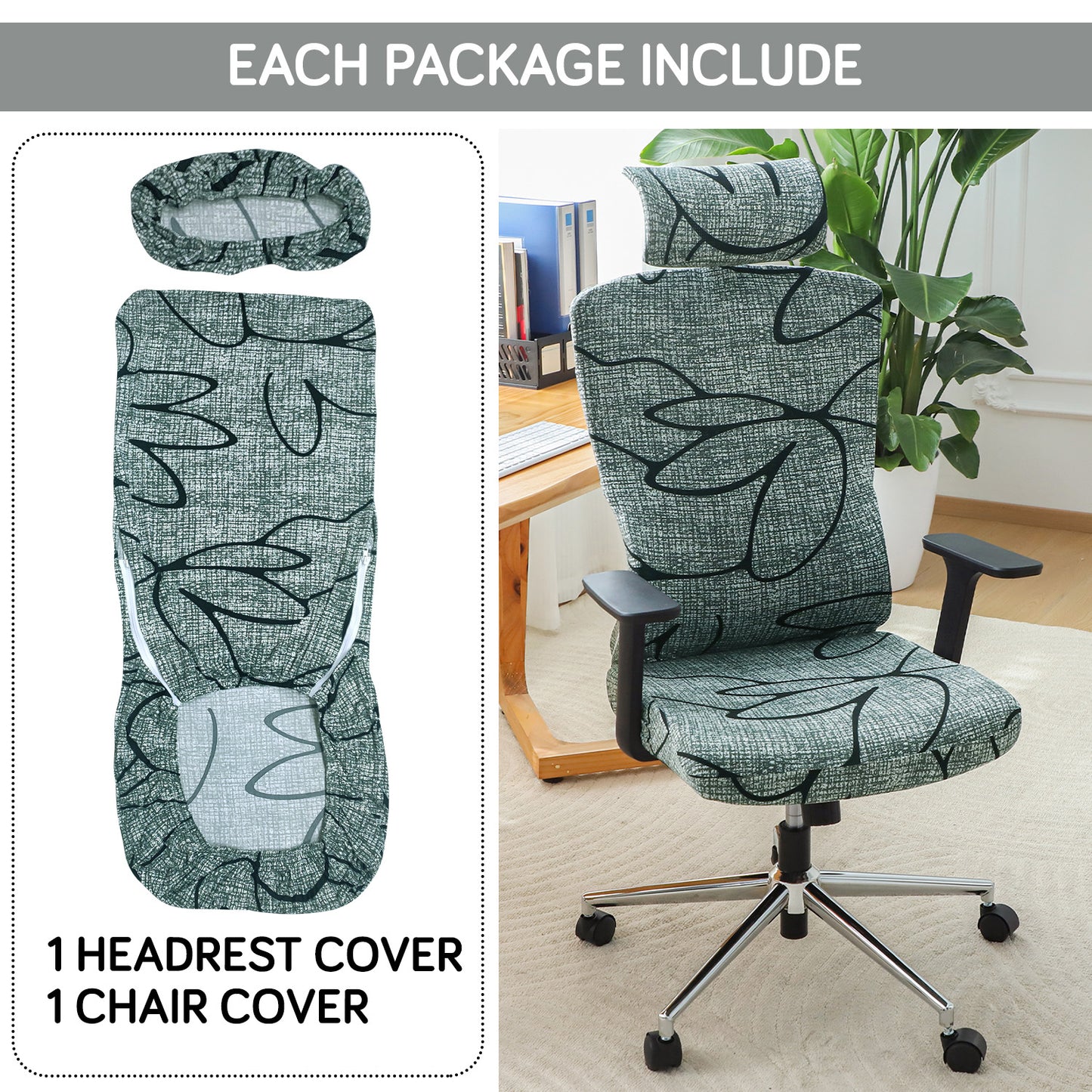 Printed Office Chair Cover with Headrest (High-Back) – 140 GSM Stretch Fabric – Washable, Anti-Slip Fit for Ergonomic Mesh Office Chairs, Intense Grey Abstract Floral