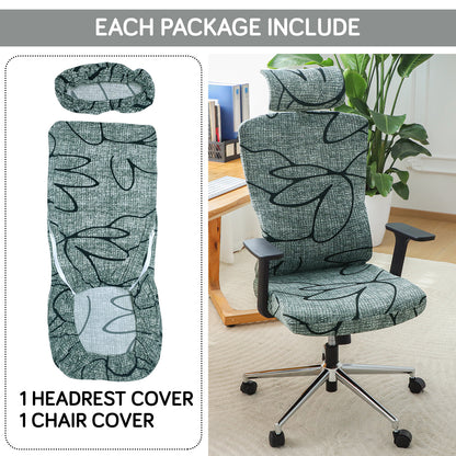 Printed Office Chair Cover with Headrest (High-Back) – 140 GSM Stretch Fabric – Washable, Anti-Slip Fit for Ergonomic Mesh Office Chairs, Intense Grey Abstract Floral