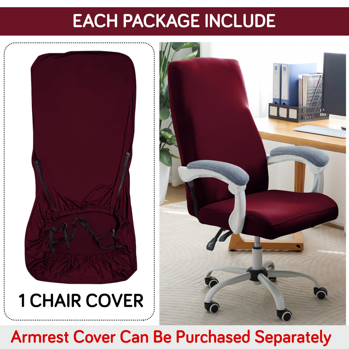 Office Chair Cover for Executive Chair (High-Back) – 140 GSM Stretchable Fabric – Washable & Anti-Slip – Fits Big & Tall Office Chairs, Burgundy