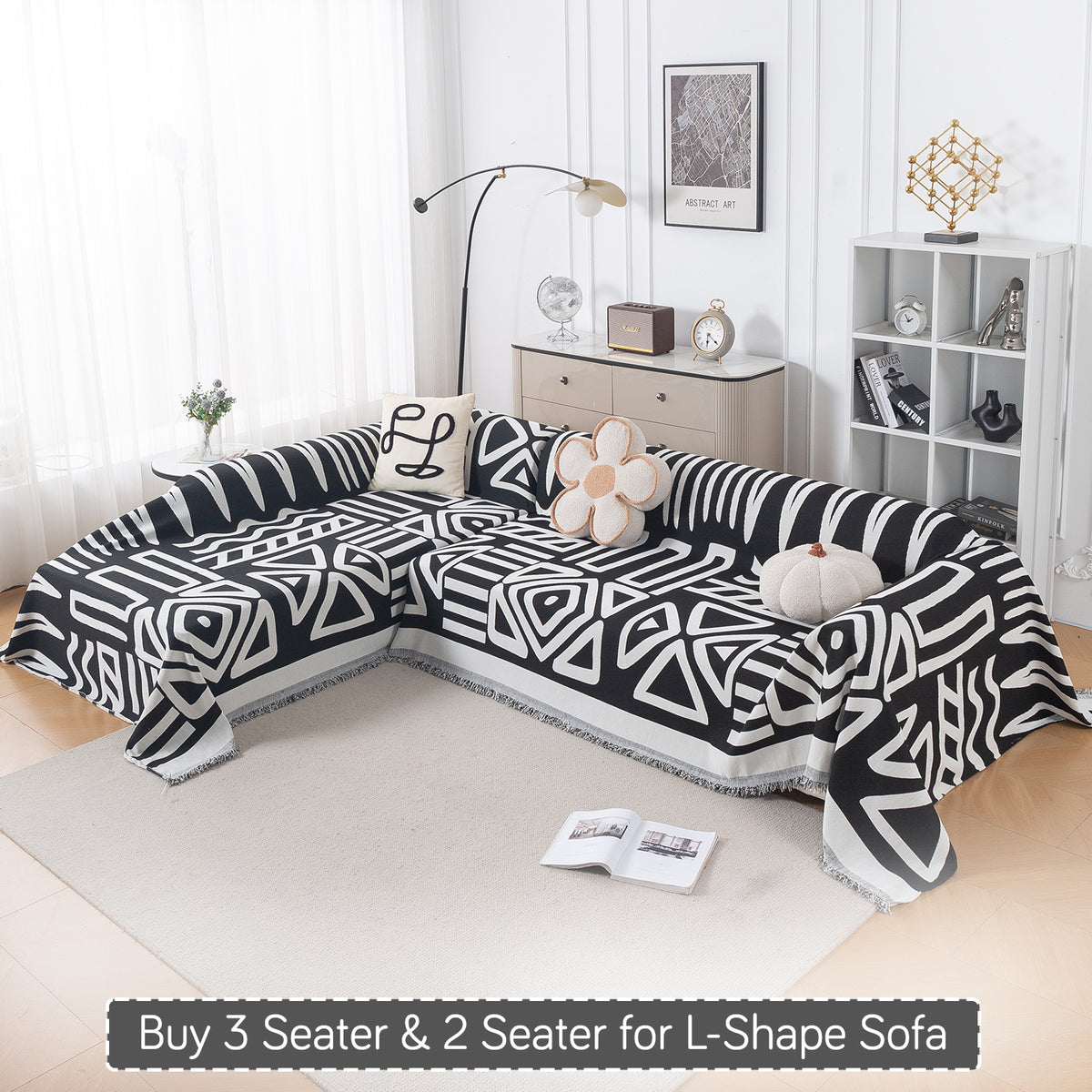 Buy Black Colour Urban Tribe Chenille L-Shape Sofa Throw | HOKIPO