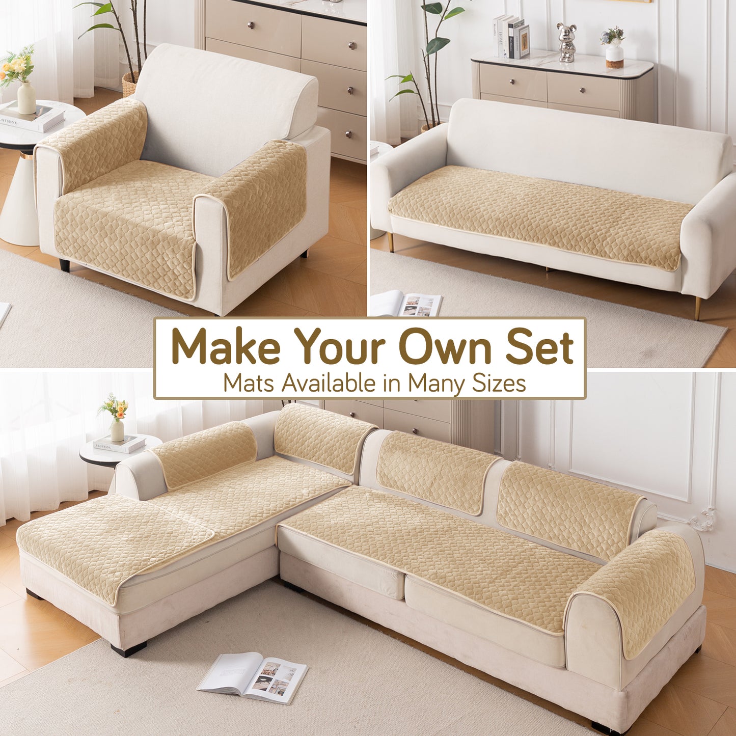 Diamond Plush Pebble Quilted Sofa Cover Mat, Beige