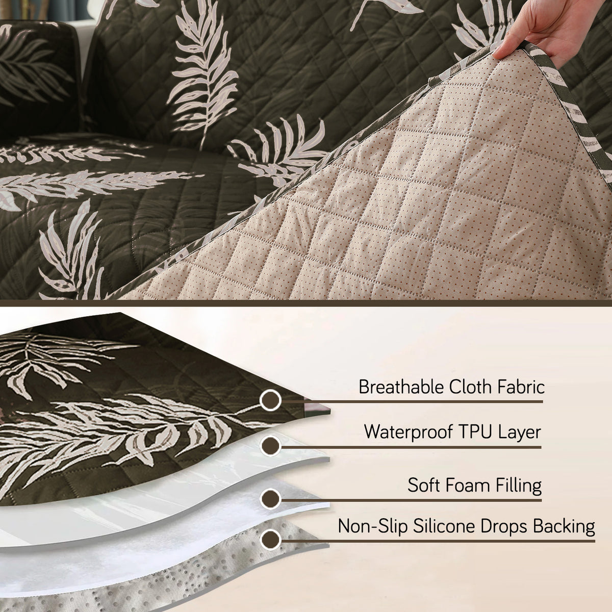 Quilted Waterproof Sofa Cover Mat with Pockets on Armrest Cover - Palm Leaves Olive