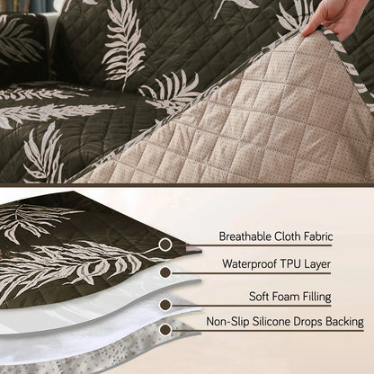 Quilted Waterproof Sofa Cover Mat with Pockets on Armrest Cover - Palm Leaves Olive