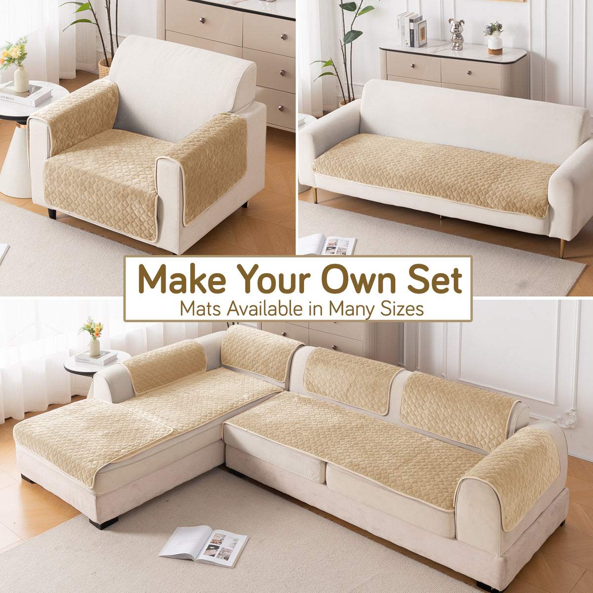 Diamond Plush Pebble Quilted Sofa Cover Mat, Beige