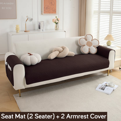 Quilted Sofa Cover Set with Seat Mat and Armrest Covers with Pockets, Dark Brown