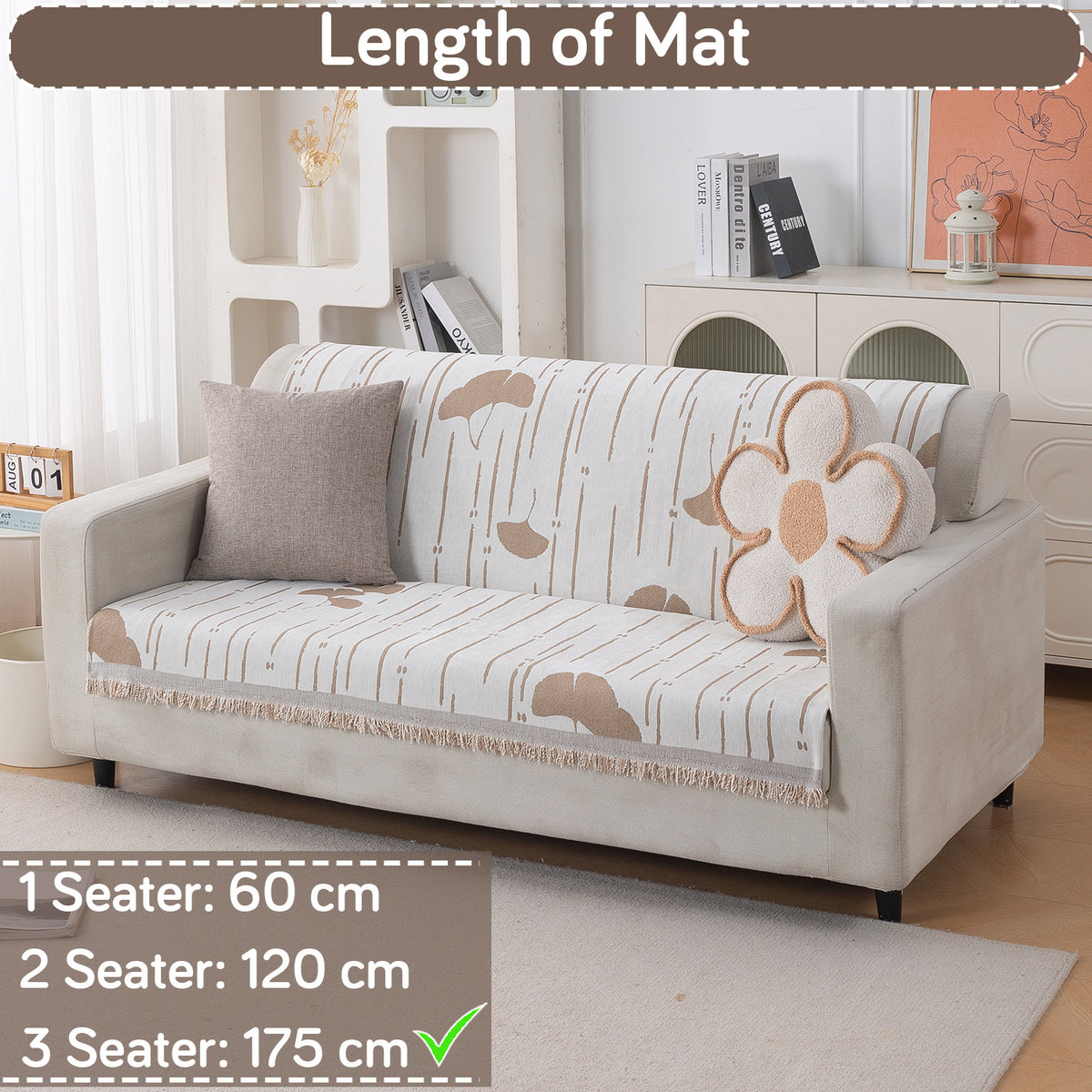 Premium 320 GSM Chenille Sofa Cover 'Serene Abode Series', Beige Ginkgo Lines