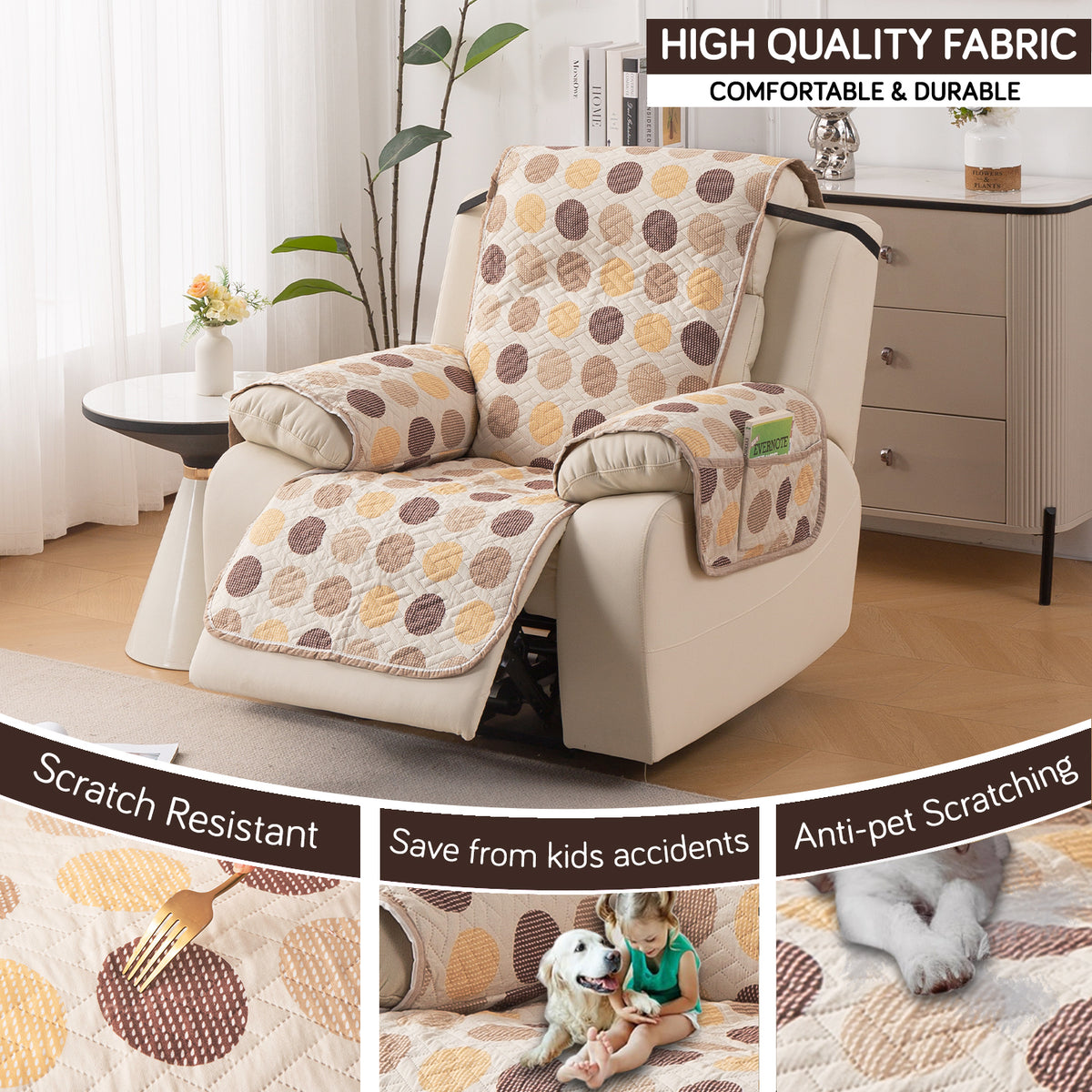 Quilted Cover for Recliner Sofa with SecureFit Belt & Side Pocket, Brown Polka Dot