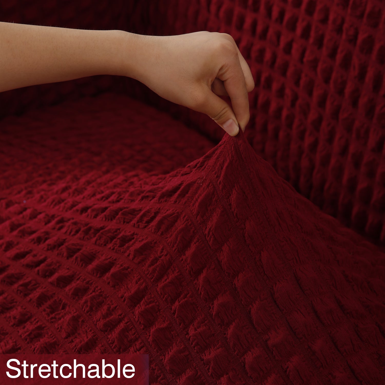 Elastic Stretchable Turkish Bubble Sofa Cover with Frill, Cherry Red