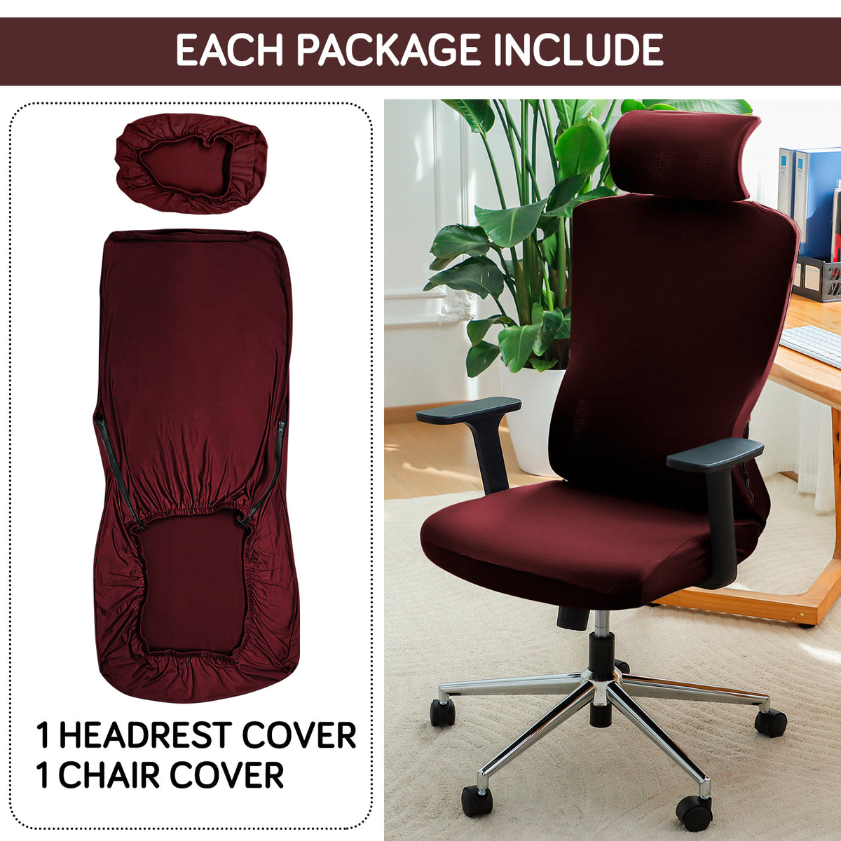 Office Chair Cover with Headrest (High-Back) – 140 GSM Stretch Fabric – Washable, Anti-Slip Fit for Ergonomic Mesh Office Chairs,  Burgundy