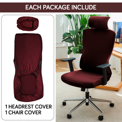 Office Chair Cover with Headrest (High-Back) – 140 GSM Stretch Fabric – Washable, Anti-Slip Fit for Ergonomic Mesh Office Chairs,  Burgundy