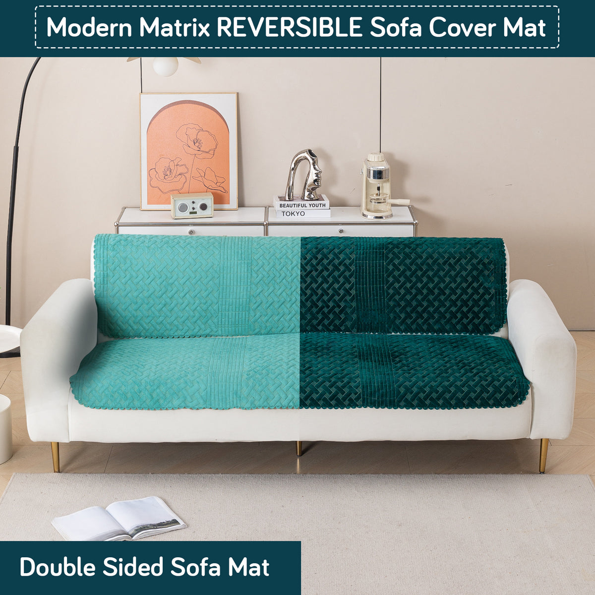Modern Matrix 5-Seater Reversible Sofa Cover (3+1+1), Emerald Green