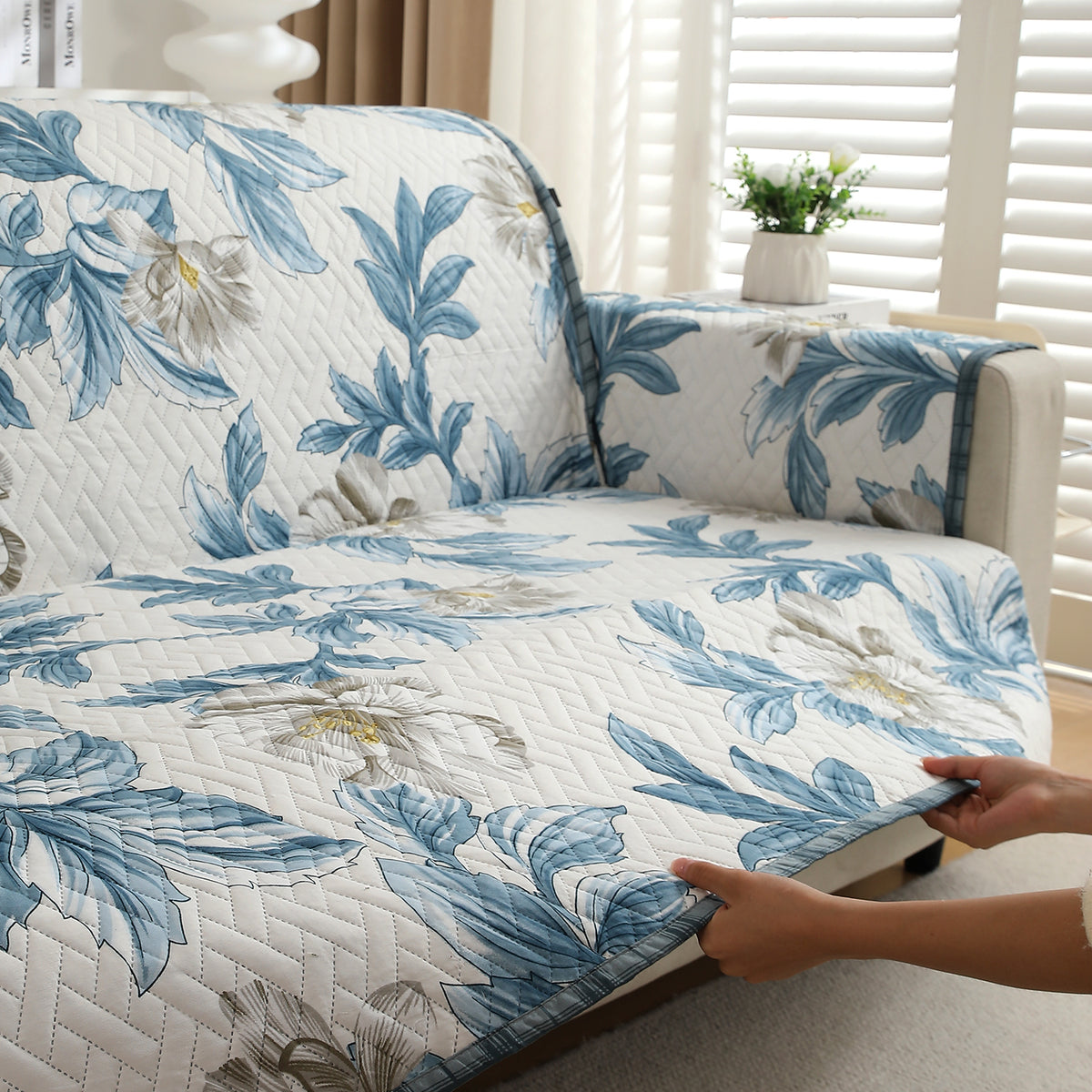 Celadon Blue Camellia Printed quilted sofa cover