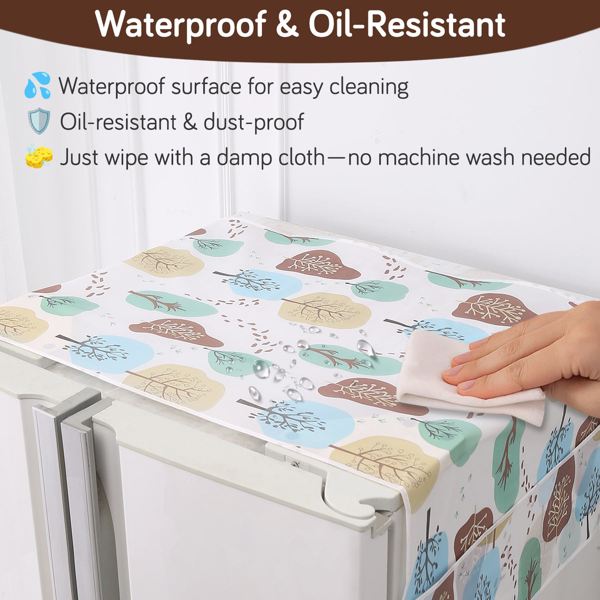 Small / Large Fridge Cover Top | For Smaller Single Door, Double Door and Bigger Double Door Refrigerator - Waterproof, Printed with 6 Side Pockets, Nature Trees