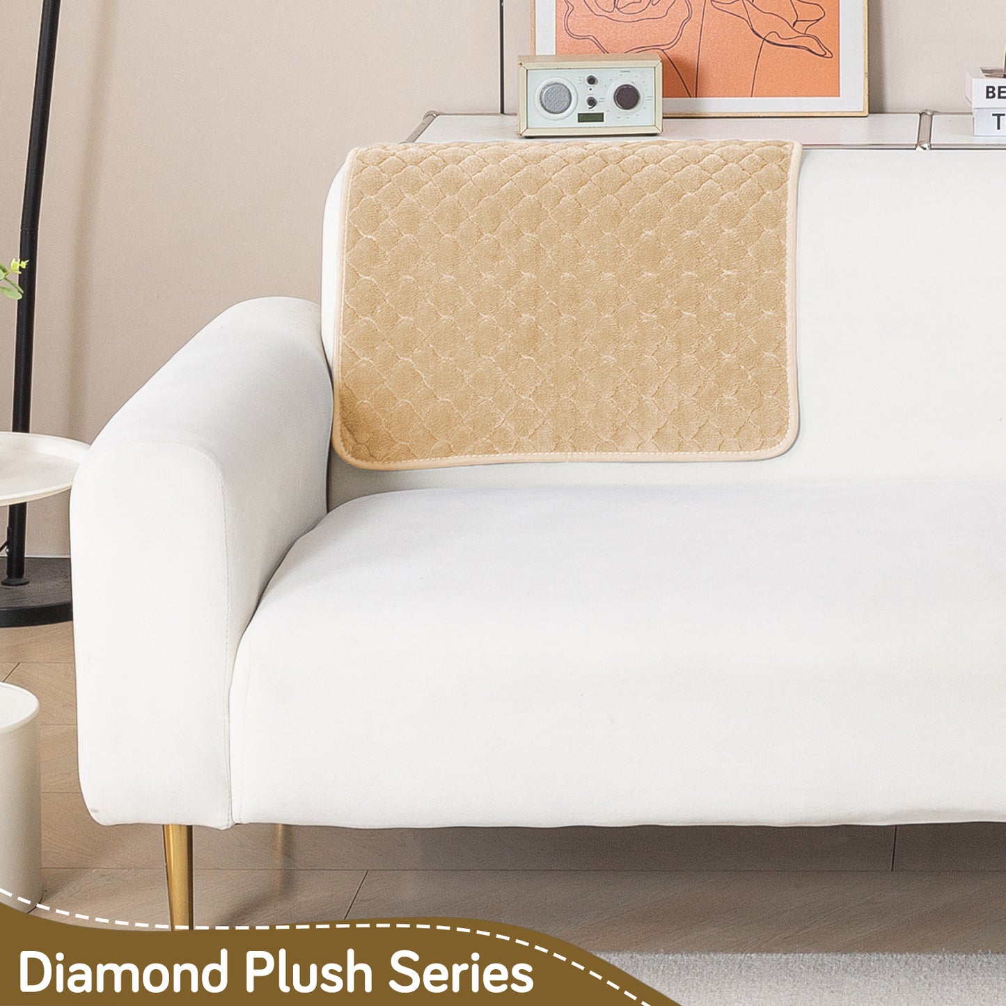 Diamond Plush Pebble Quilted Sofa Cover Mat, Beige